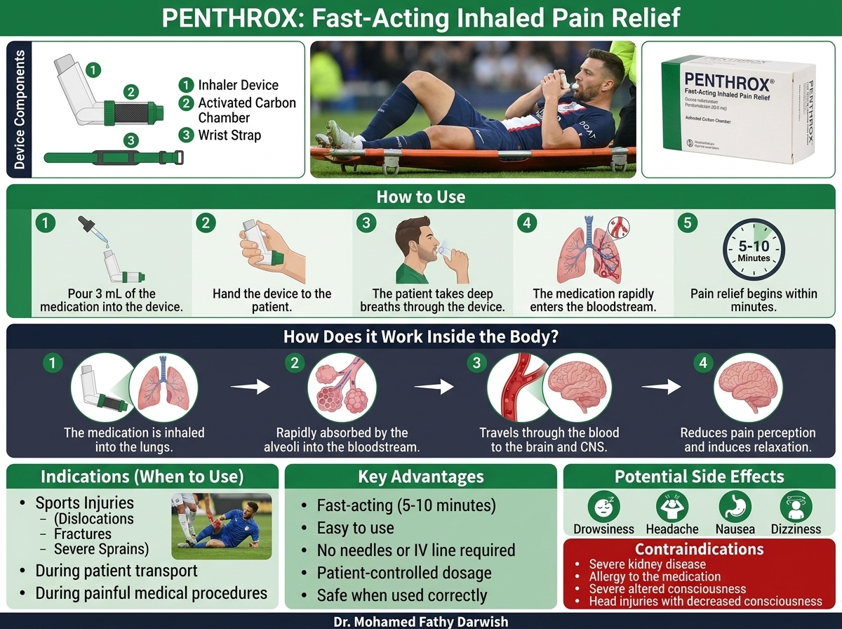 Infographic illustrating the components and usage of the Penthrox Green Whistle in sports field injuries